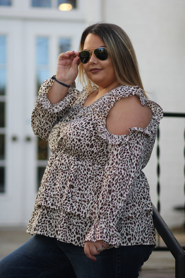 Cream Leopard Cold Shoulder Blouse In Regular & Curvy