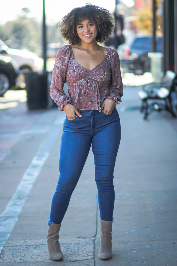 Dark Mauve Paisley Smocked V Neck Blouse