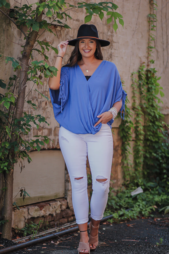 Indigo Blue Surplice Tie Sleeve Blouse