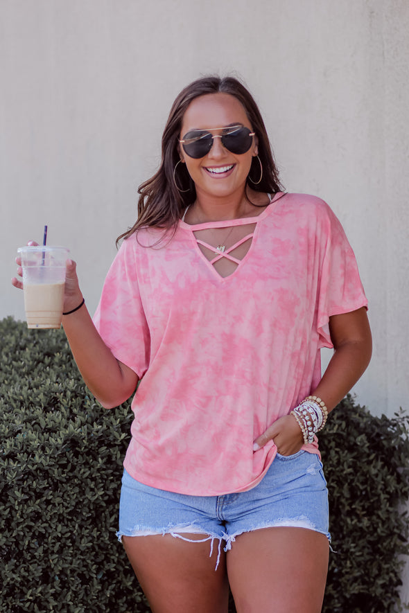 Coral Tie Dye Criss Cross Short Sleeve Top