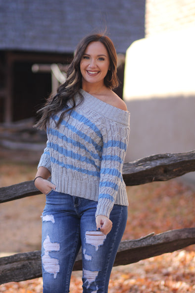 Heather Grey & Blue Stripe Cable Knit Sweater