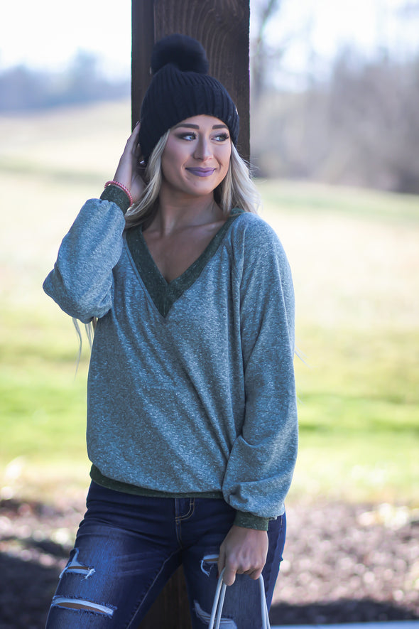 Olive Contrast V Neck Soft Knit Top