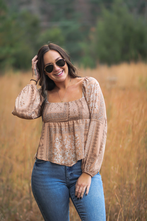 Taupe Paisley Smocked Balloon Sleeve Top