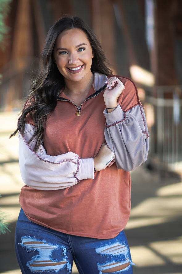 Rust & Taupe Colorblock Quarter Zip Pullover