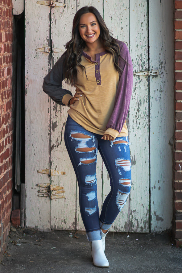 Mustard & Wine Colorblock Henley Top