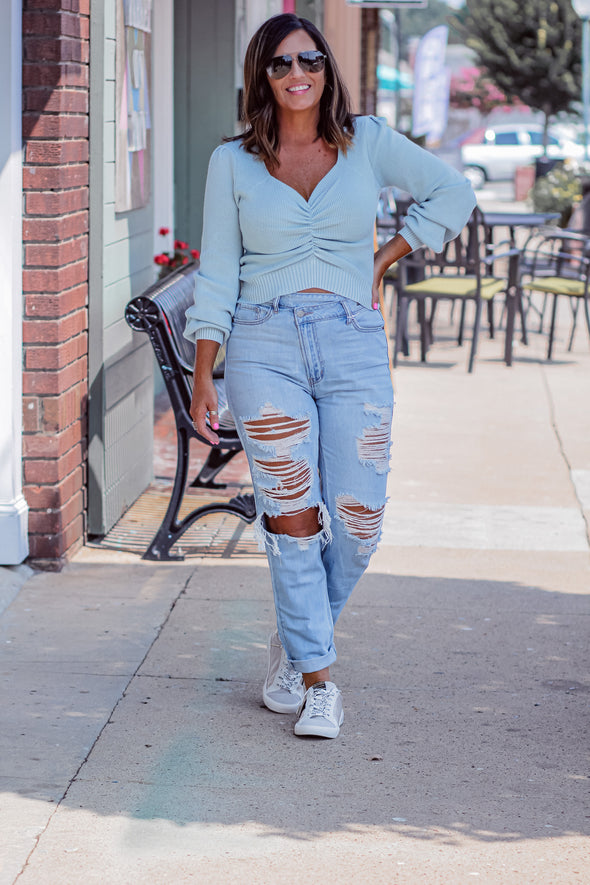 Light Blue Ruched Sweetheart Sweater