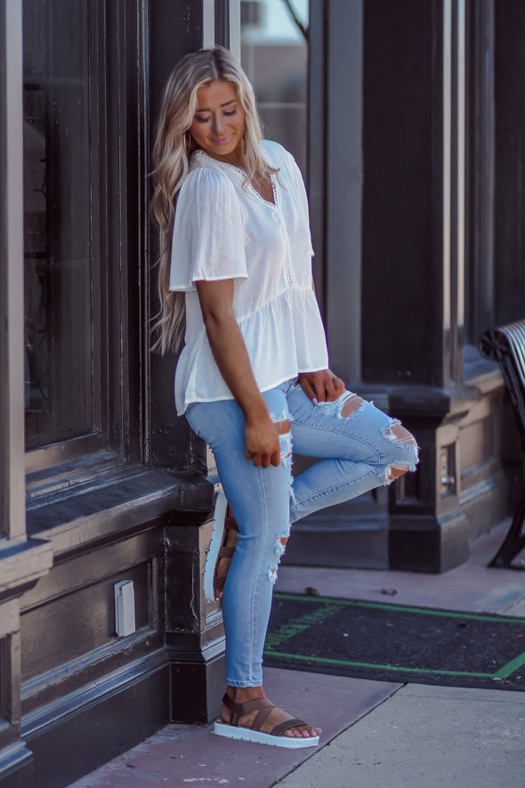 Ivory Textured V Neck Blouse