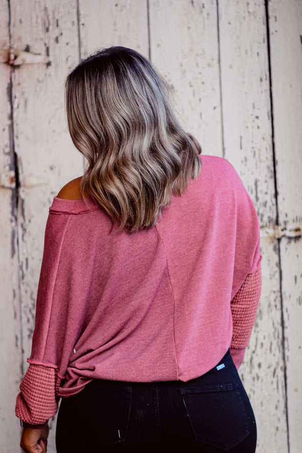 Marsala Waffle Knit Contrast V Neck Top