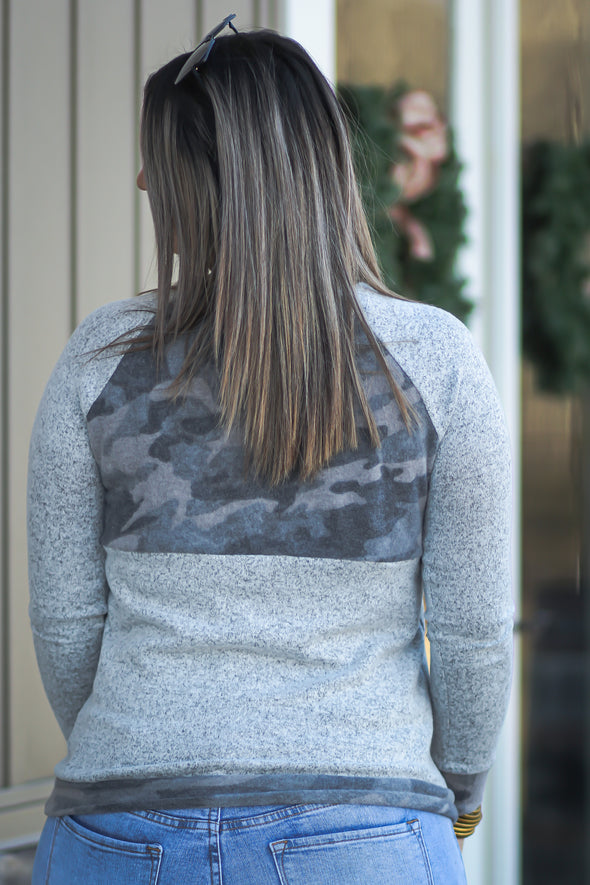 Heather Grey & Camo Button Detail Top