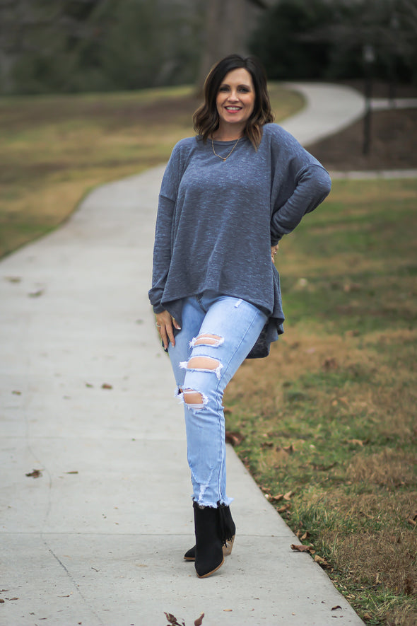 Denim Blue Hacci Knit Long Sleeve Boatneck Top