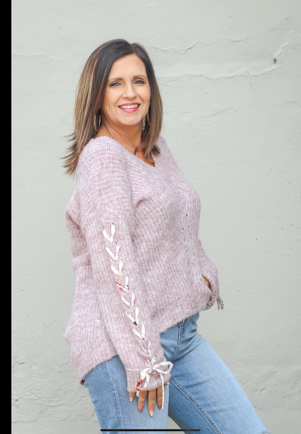 Rose Lace Detail Sleeve V Neck Sweater