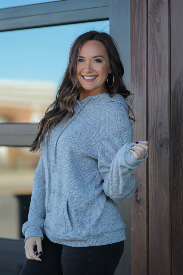 Heather Grey Ribbed Thermal Knit Hoodie Top