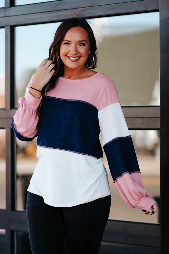 Rose & Navy Colorblock Balloon Sleeve Top