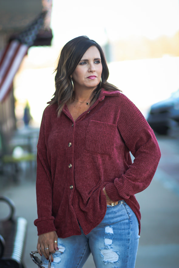 Wine Chenille Button Down Front Pocket Top