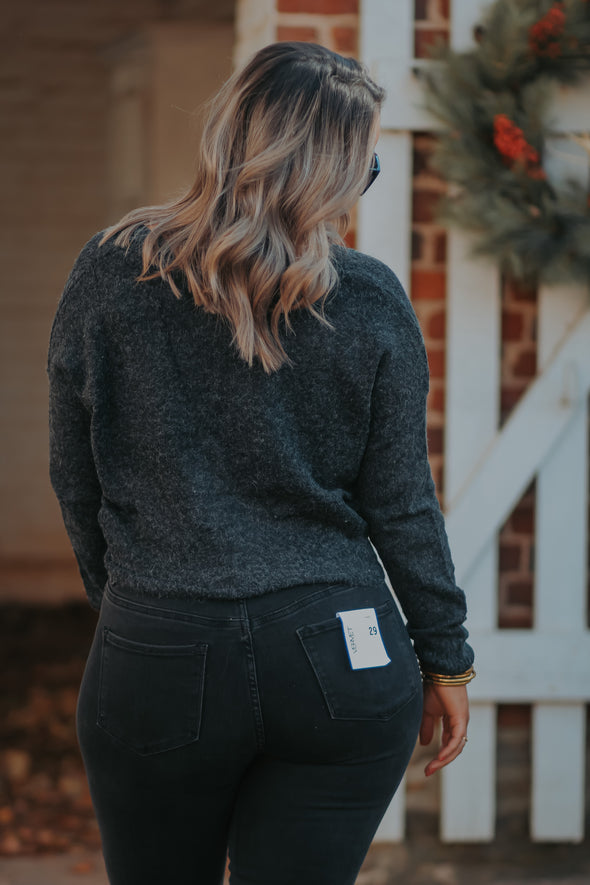 Charcoal Fuzzy Button Down Sweater Top