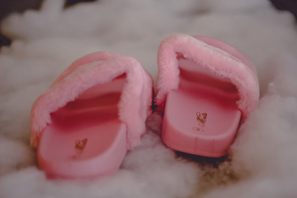 Open Toe Faux Fur Slide on Sandal in Blush