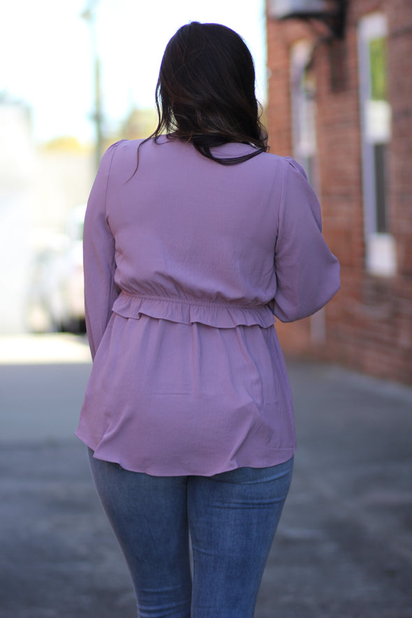 Lavender Button Down Ruffle Detail Blouse in Regular & Curvy