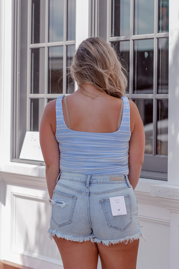 Blue & Ivory Striped Ribbed Bodysuit