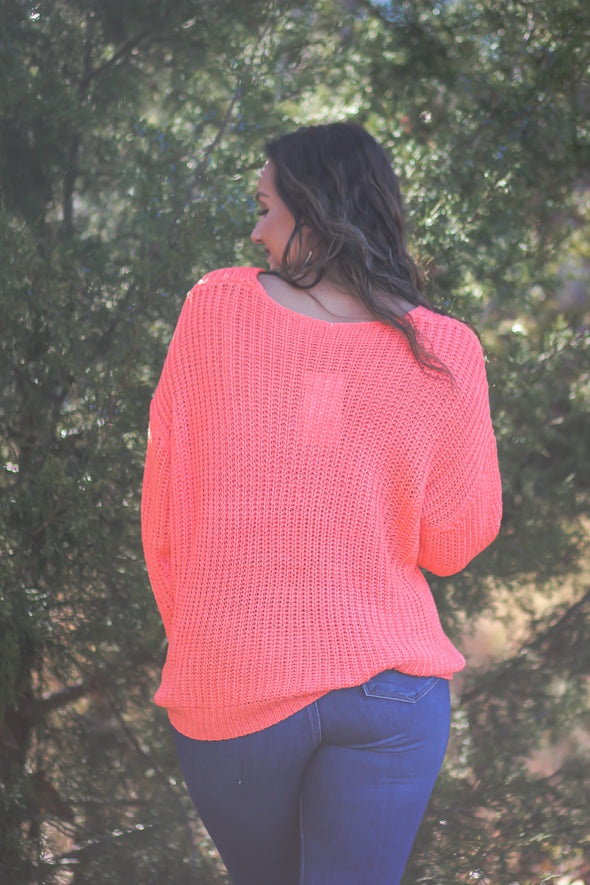 Coral Knit V Neck Sweater