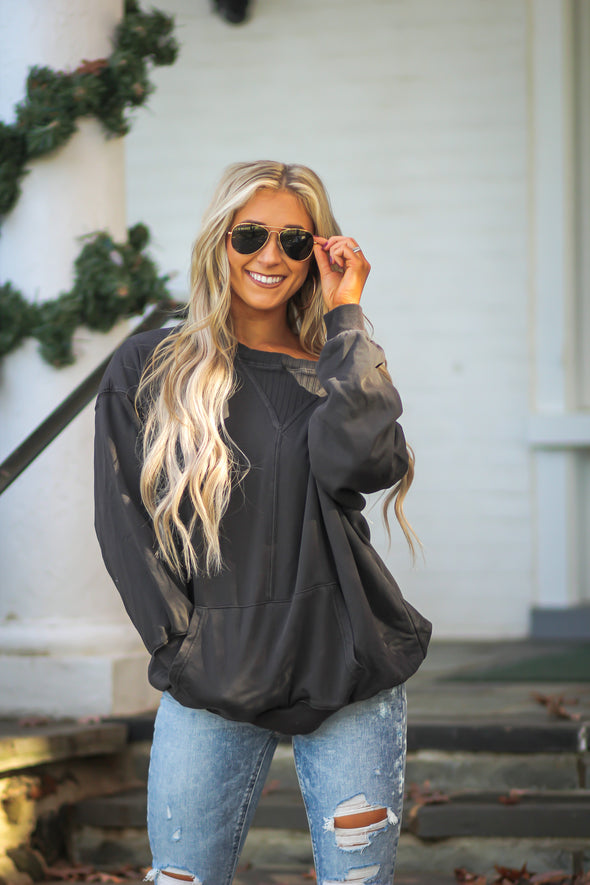 Charcoal Front Pocket Pullover Top