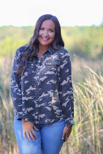 Olive Camo Button Down Utility Top