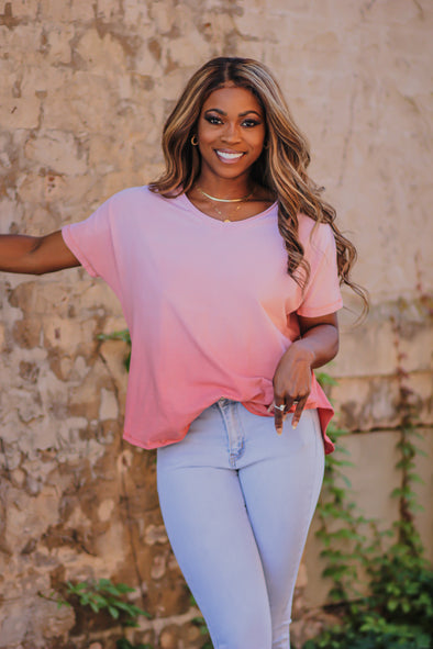 STOREFRONT Rose Ombre V Neck Short Sleeve Top