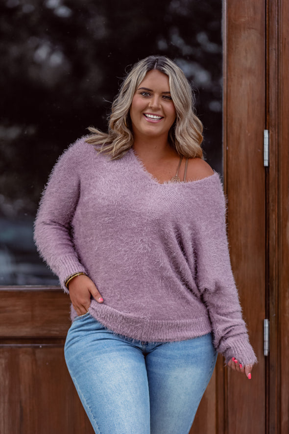 Long Sleeve Fuzzy Knit Sweater in Mauve