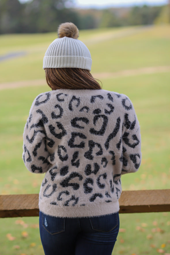 Oatmeal Leopard Open Back Eyelash Sweater