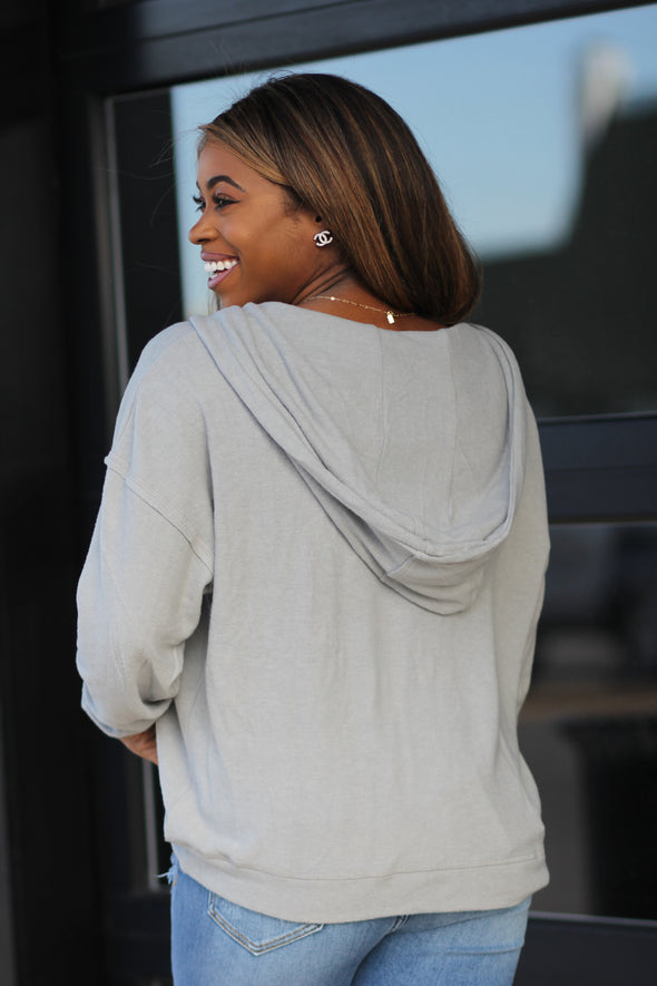 Grey V Neck Hooded Boxy Pullover