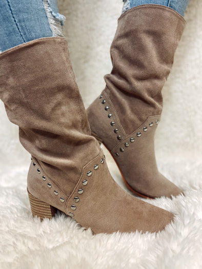 Taupe Suede Studded Midi Boot