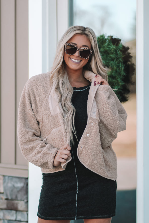 Taupe Snap Button Fleece Sherpa Jacket