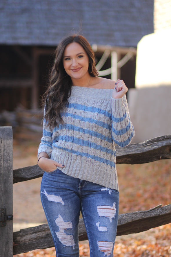 Heather Grey & Blue Stripe Cable Knit Sweater