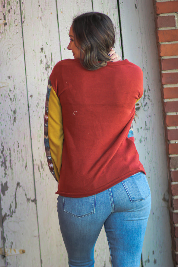 Rust & Aztec Colorblock Brushed Knit Top