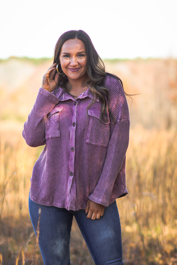 Washed Magenta Waffle Knit Button Down Shacket