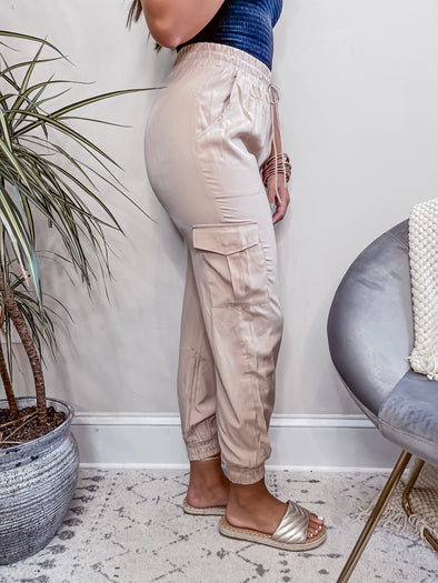 Taupe Silk Cargo Joggers
