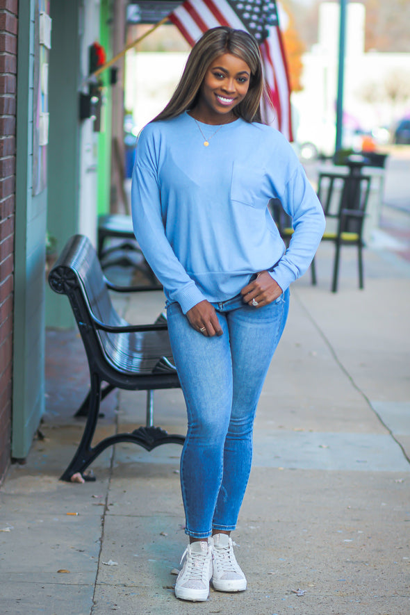 Slate Brushed Front Pocket Long Sleeve Top