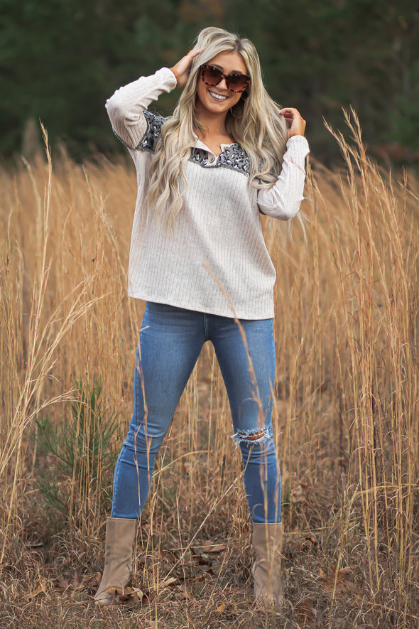 Oatmeal & Leopard Contrast Henley Top