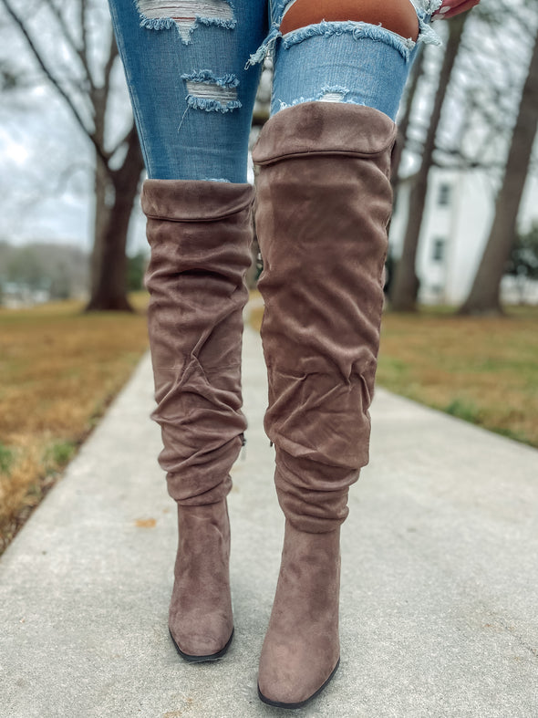 Taupe Suede Ruched Over The Knee Boot