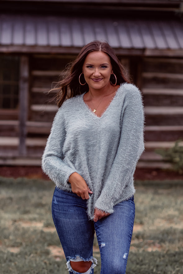 Long Sleeve Fuzzy Knit Sweater in Teal