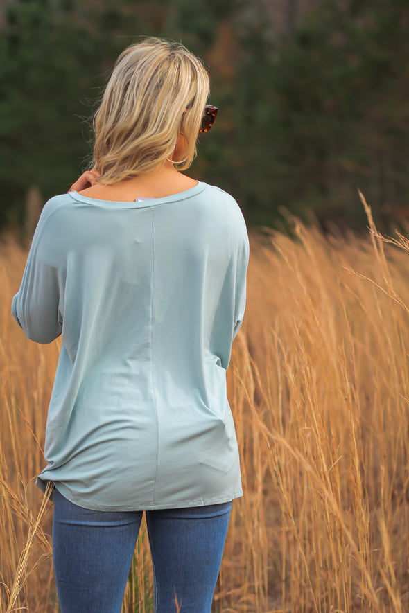 Sage Oversized Long Sleeve Front Pocket Top