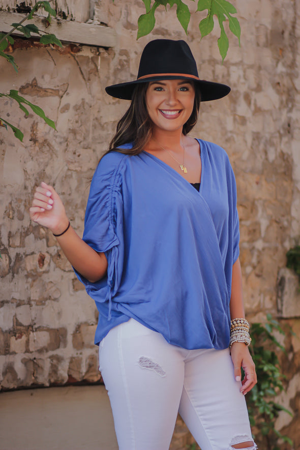 Indigo Blue Surplice Tie Sleeve Blouse