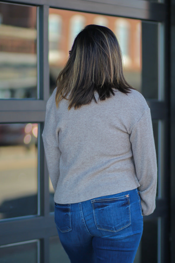 Oatmeal Balloon Sleeve V Neck Knit Top