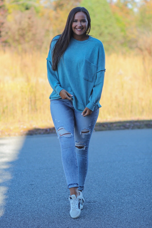 Dusty Teal Brushed Front Pocket Sweater in Regular & Curvy