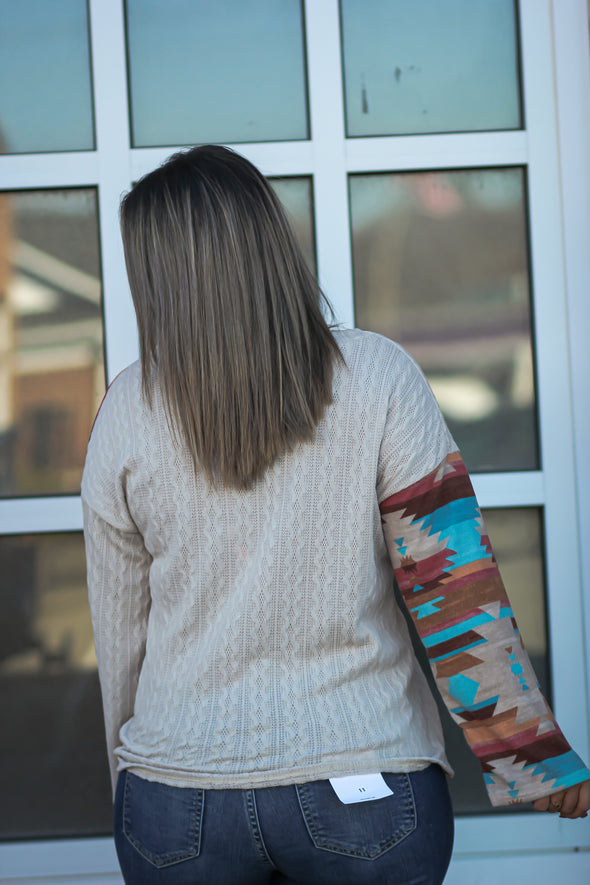 Taupe & Aztec Cable Knit Contrast Sweater