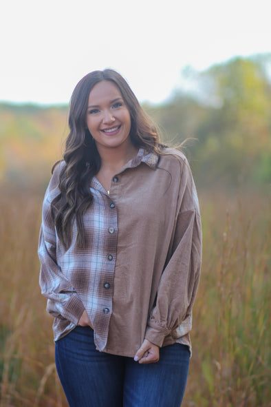 Camel Plaid & Corduroy Colorblock Button Down Top