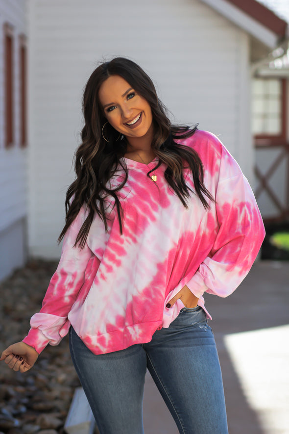 Pink Tie Dye Bubble Sleeve Top