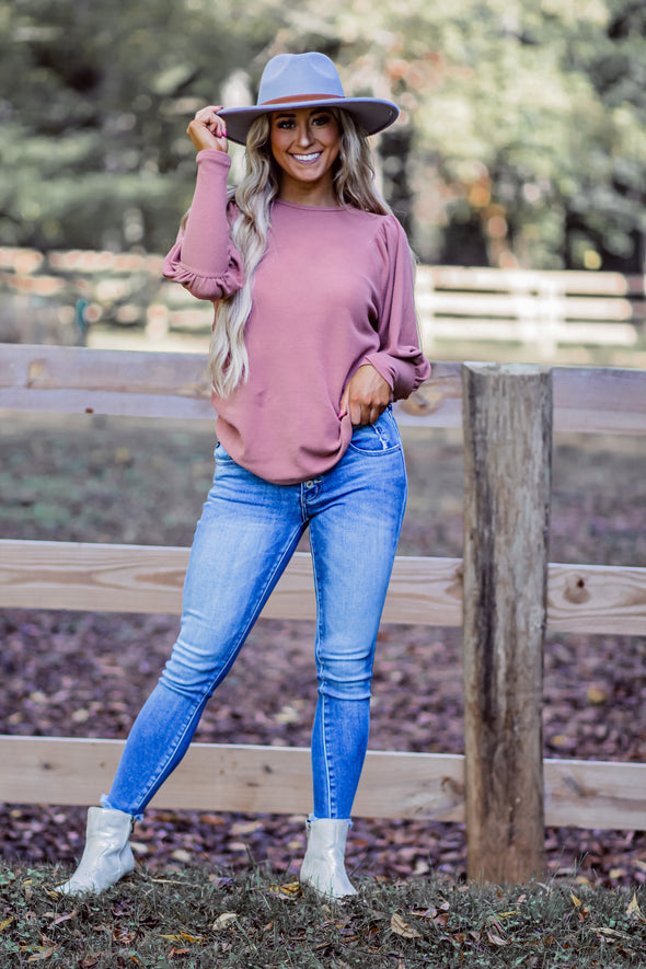 Marsala Thermal Knit Puff Sleeve Top