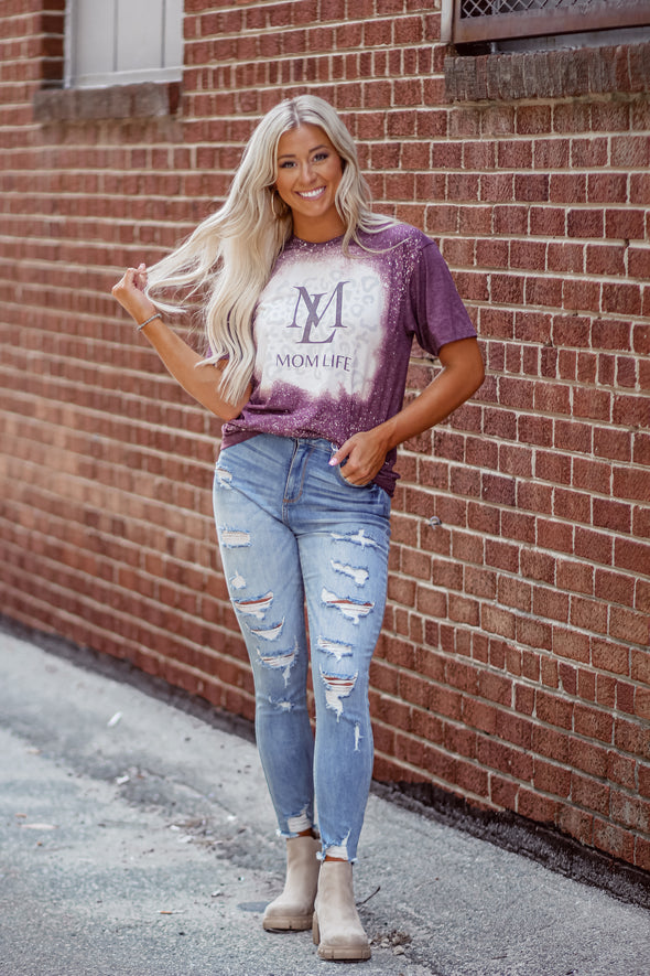 Heather Plum Mom Life Bleached Graphic Tee