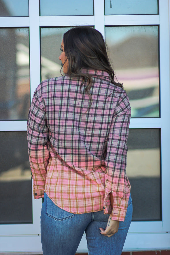 Mauve Bleached Plaid Button Down Flannel