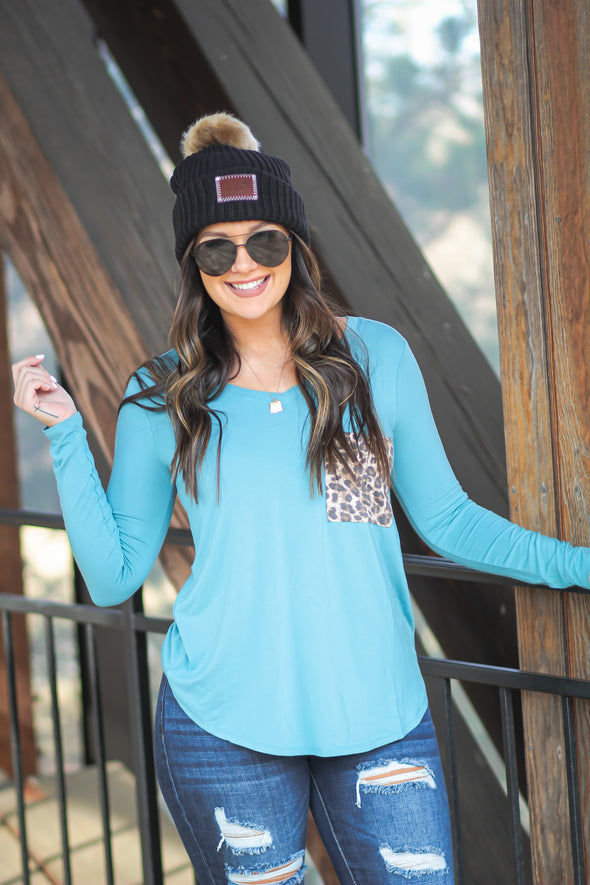 Teal Long Sleeve Leopard Pocket Top